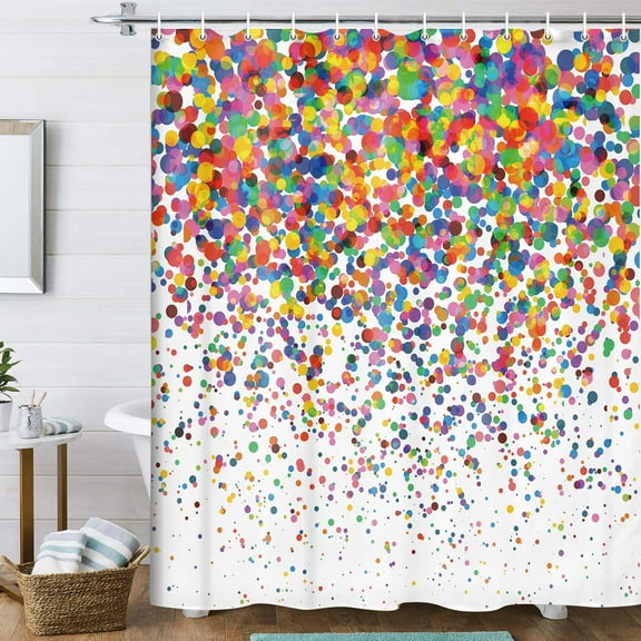 Colorful Shower Curtain, Geometric Confetti Falling Colorful Rainbow Polka Dot Shower Curtain for Bathroom, Wedding Festival Party Decor Bath Curtains, Kids Bathroom Accessories 12PCS Hooks, 70X70IN