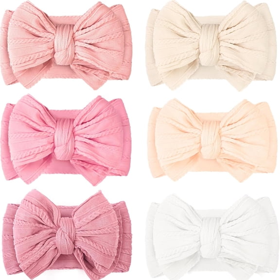 TUWAFE 6 Pcs Baby Bows Headbands Nylon Hairbands Baby Girl Bows Hair Accessories for Newborn Infant Toddler Essentials 6 Pcs Bows for Baby Girls (Classic Pink Series)
