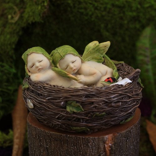 Top Collection Miniature Fairy Garden and Terrarium Sleeping Twin Fairy Babies in Nest Statue 