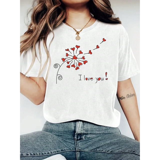 Women's Fashionable I Love You Print T-Shirt For Valentine's Day - Casual Short Sleeve Crew Neck TopCamisetas para mujer, lindas camisetas con estampado gráfico, de manga corta, estilo casual, para ve