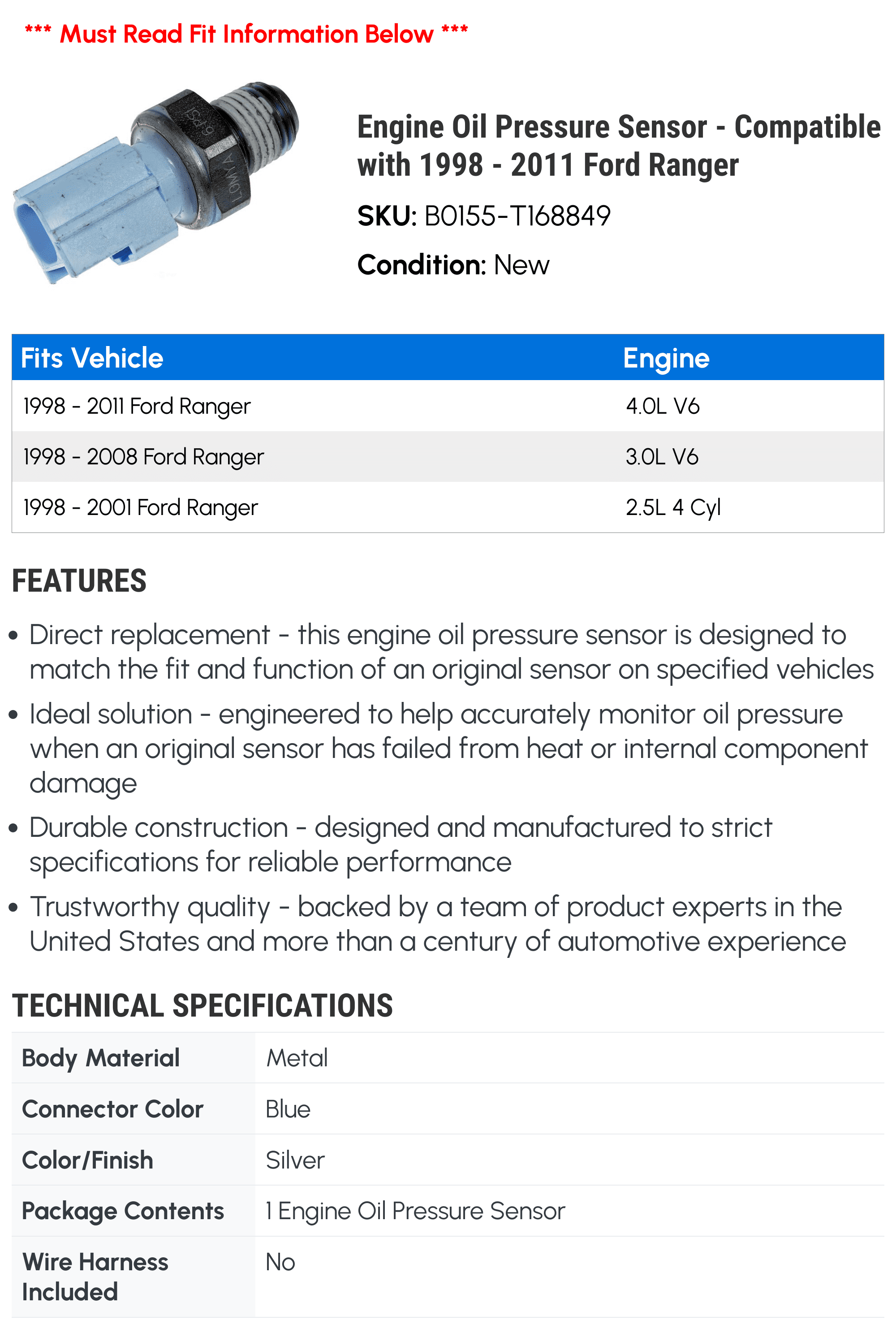 Engine Oil Pressure Sensor - Compatible with 1998 - 2011 Ford Ranger - Dorman