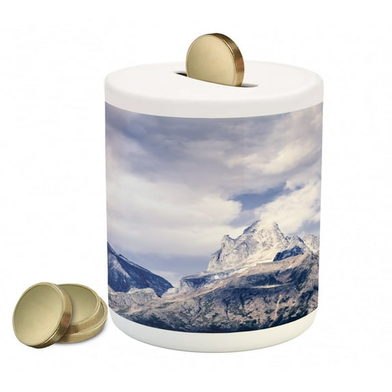 Alaska Piggy Bank, Craggy Peaks in Southeast Alaska Fall Season Mountains Landscape Photo, Ceramic Coin Bank Money Box for Cash Saving, 3.6" X 3.2", Grey White Sky Blue, by Ambesonne