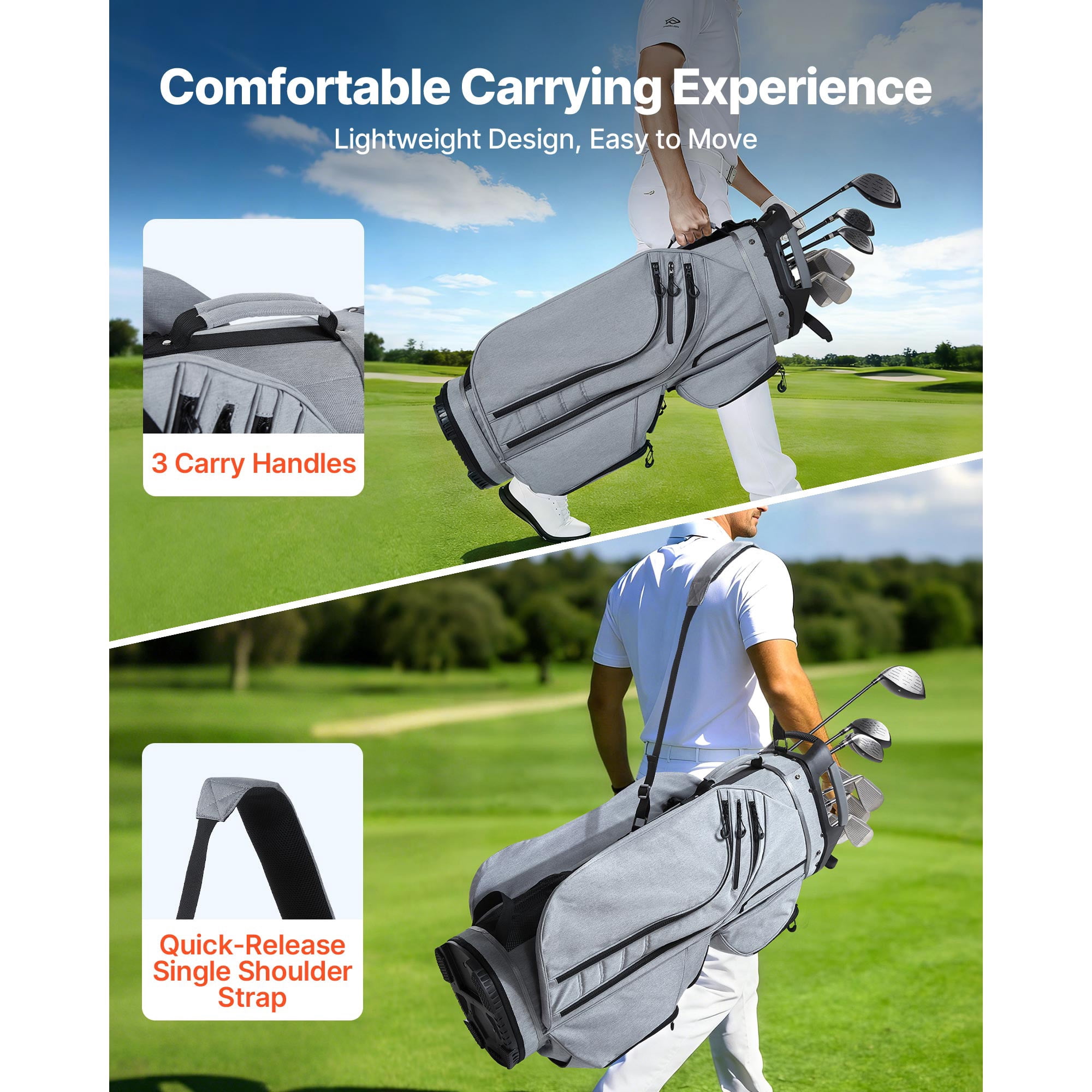 KFFKFF Golf Cart Bag with 15-Way Divider, Full-Length Club Protection, Rain Cover, Multiple Storage Pockets, Durable Polyester Material, Silicone Head Covers, and Comfortable Shoulder Strap