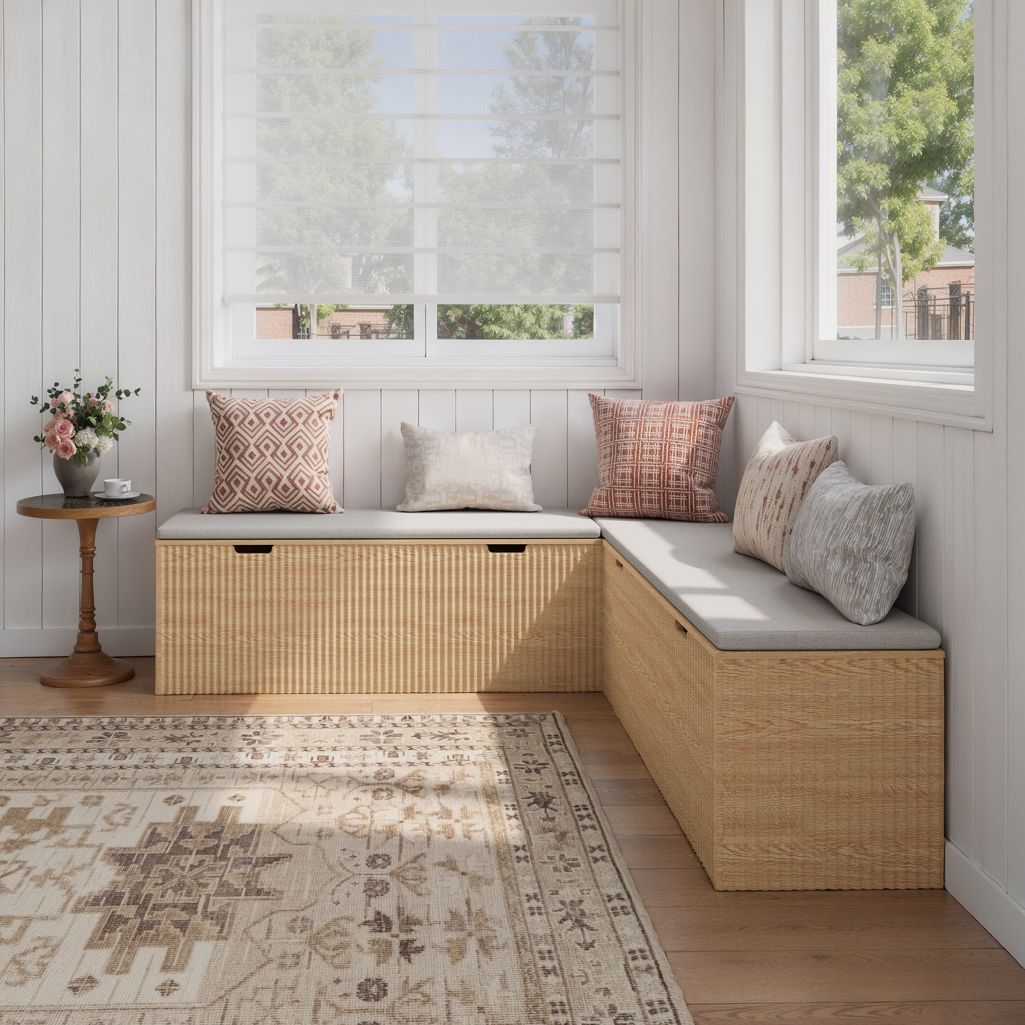 L-Shaped Storage Bench with Cushion- Modern Corner Breakfast Nook Bench for Kitchen, Entryway- Natural Wood