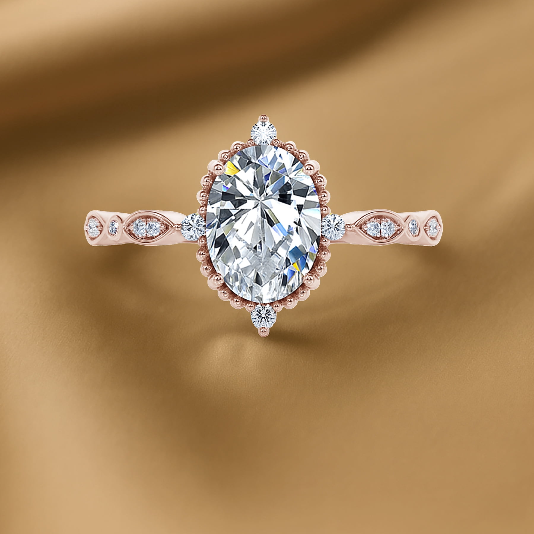 JeenMata 1.5 Carat Moissanite Oval Shape - Vintage Filigree Bezel 5-Stone Milgrain Decorative Engagement Ring In 18K Rose Gold Plating for Women