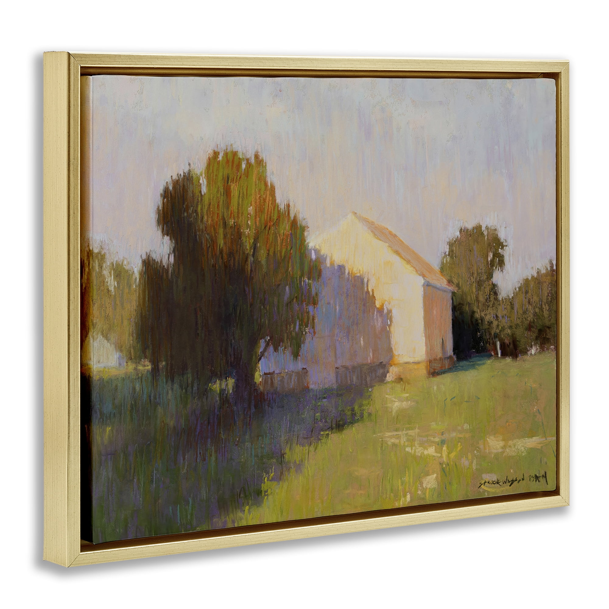 Stupell Industries Summer Farm View Landscape Painting Gold Floater Framed Art Print Wall Art, 21 x 17