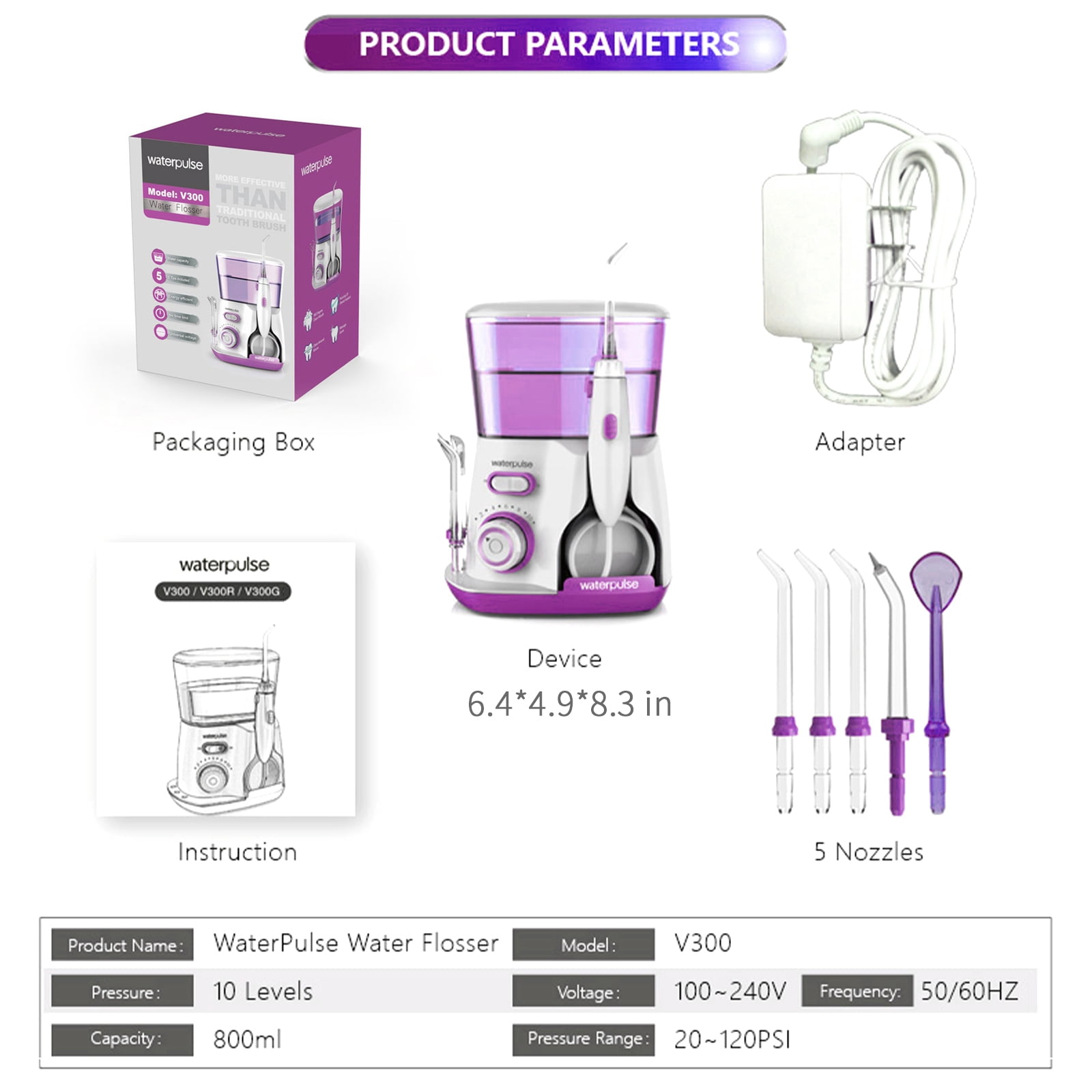 GENKENT Water Flosser for Teeth Cleaning, 800ml Large Tank Oral Irrigator for Home Use, 10 Pressure Modes with 5 Jet Tips, Purple