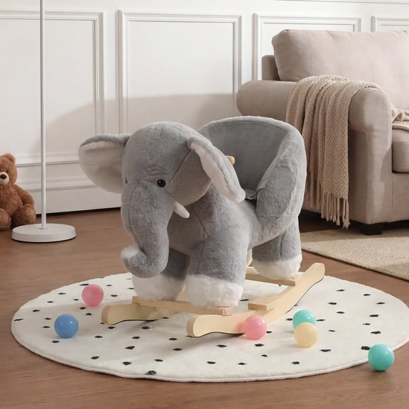 Chistronger Musical Toddler Rocking Horse, Plush Elephant with Safety Belt, Wooden Base for Ages 1-3, Gray