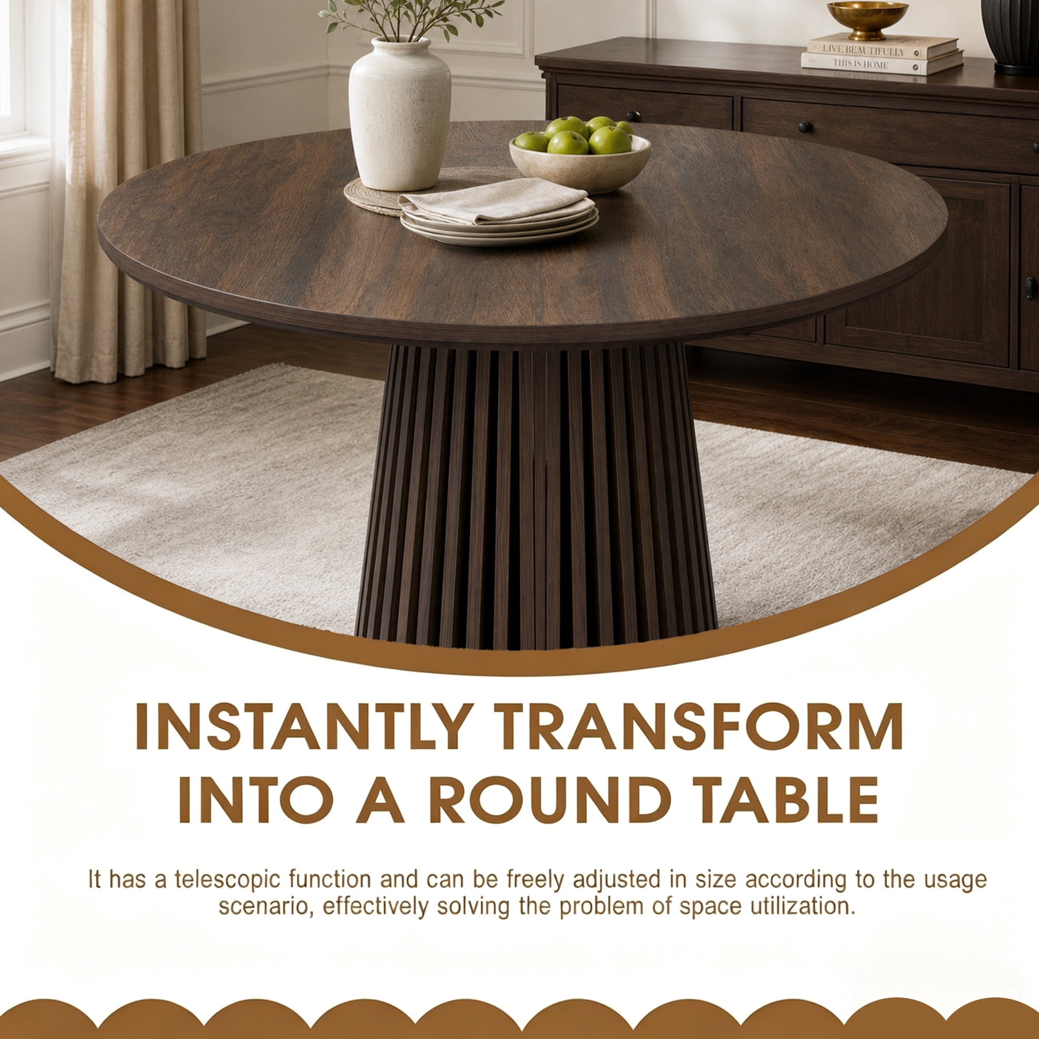 Dining Table 70.87 Inch, Extendable Kitchen Table with Oval Top and Slatted Wood Legs, Space-Saving MDF Table for Living Room and Dining Room, Walnut