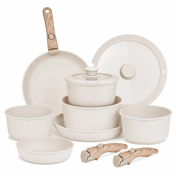 9-Piece Nonstick Cookware Set with Detachable Handles and Glass Lids