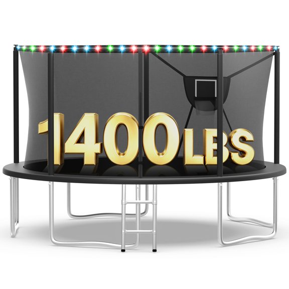 WOWLAND 14FT 16FT Trampoline for Kids and Adults, 1400lbs Weight Loading, Heavy Duty Outdoor Trampolines with Safety Enclosure Net, Basketball Hoop, Light, Backyard Trampoline, Anti-rust