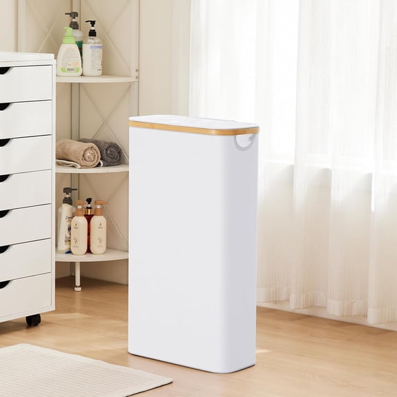Slim Laundry Hamper with Lid by , 63L Narrow Laundry Basket with Removable Bag, White Collapsible Dirty Clothes Basket, Thin Tall Storage Basket for Bathroom, Bedroom (White, 2Pack)