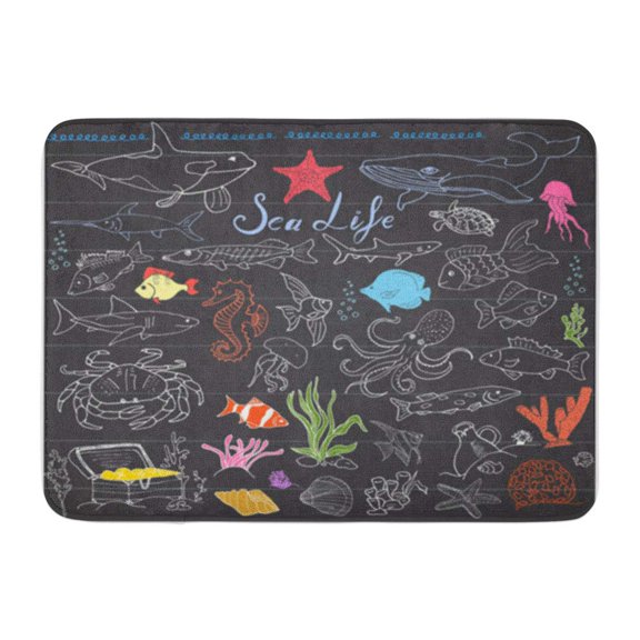 SIDONKU Big Sea Life Sketch Doodles of Fish Shark Doormat Floor Rug Bath Mat 30x18 inch