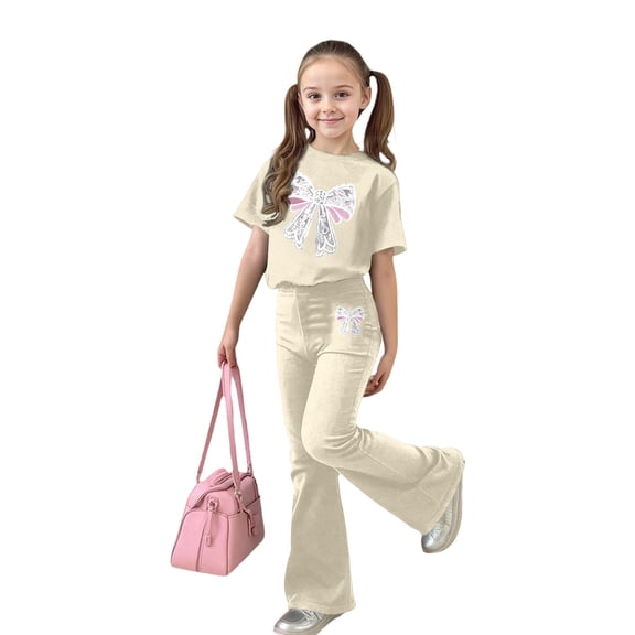 ZHOGXU Big Kids Girls Outfit Bow Printed Short Sleeve Round Neck Top And Flare Pants Two Piece Comfortable Fashion Sets For Daily Wear Beige 9-10 Years