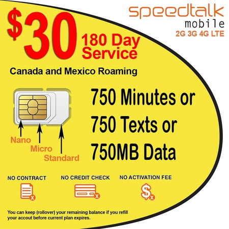 $30 Prepaid GSM SIM Card Rollover 750 Minutes Talk Text Data 180-Day Service With Canada & Mexico