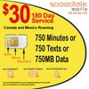 $30 Prepaid GSM SIM Card Rollover 750 Minutes Talk Text Data 180-Day Service With Canada & Mexico Roaming