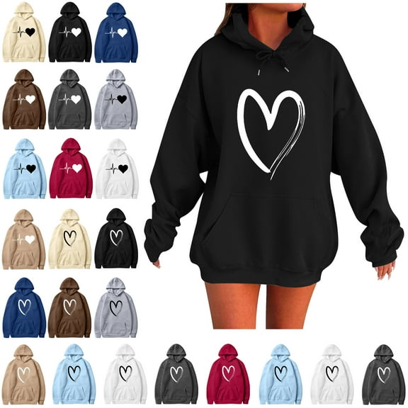 Women's Heart Printed Hoodies Drawstring Long Sleeve Sweatshirts Loose Pullover Tops with Pockets Ndbuld Fashion Casual Ladies Printed Long Sleeve Tops Blouse Hooded Sweatshirts A Black XL