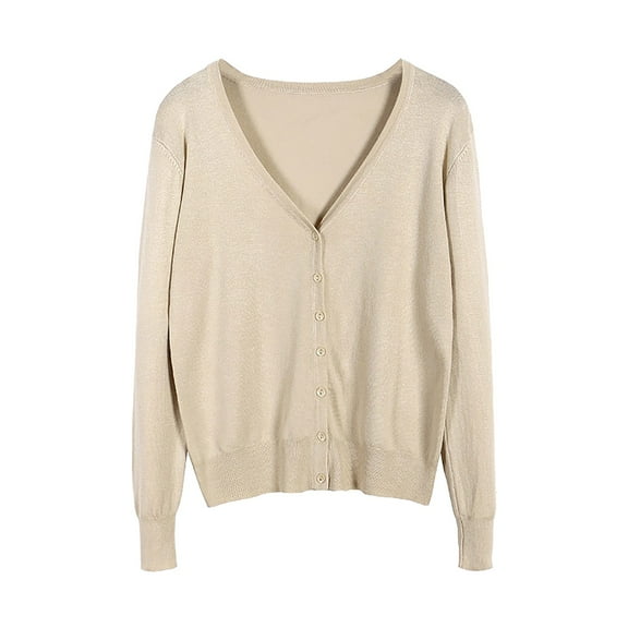 eileial Women's V Neck Sweaters Casual Open Front Button Down Cardigan Comfy Knit Outerwear Basic Solid Color Sweater Coat Fall,Beige M