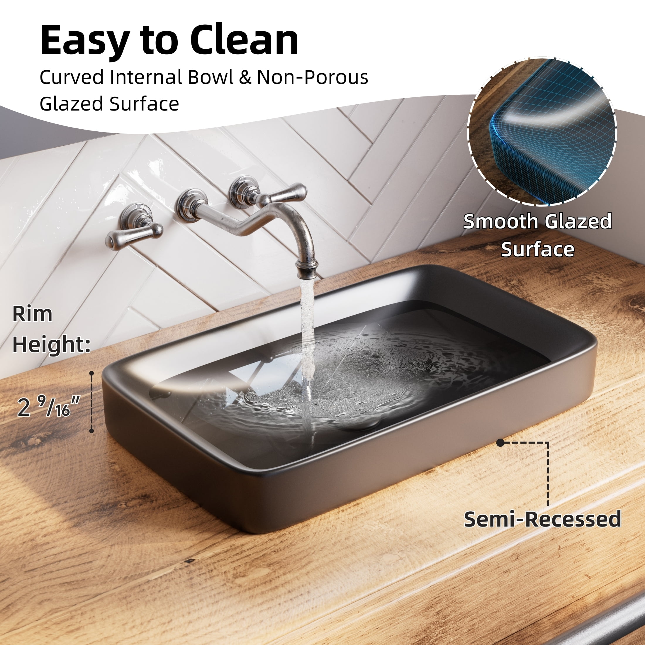 Los Flexi 19 Inch Matte Black Rectangular Drop In Bathroom Sink, Semi-Recessed Ceramic Vessel, Includes Non-Overflow Drain Kit