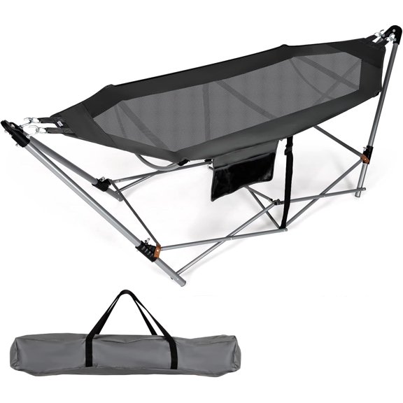 SSyao Portable Folding Hammock, Lounge Camping Bed with Hammock Stand, Indoor & Outdoor Hammocks w/Side Pocket, Anti-tip Buckles & Iron Stand for Camping Outdoor Patio Yard Beach (Grey)