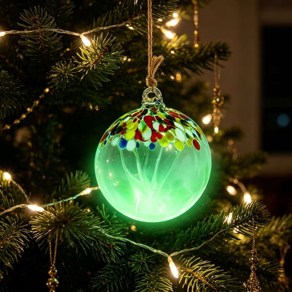 Gqtwoy Hand Blown Glass Tree Christmas Ornament, LED Glowing Bauble, Transparent Art Glass Decoration, Holiday Party Gift, Reusable Winter Decor