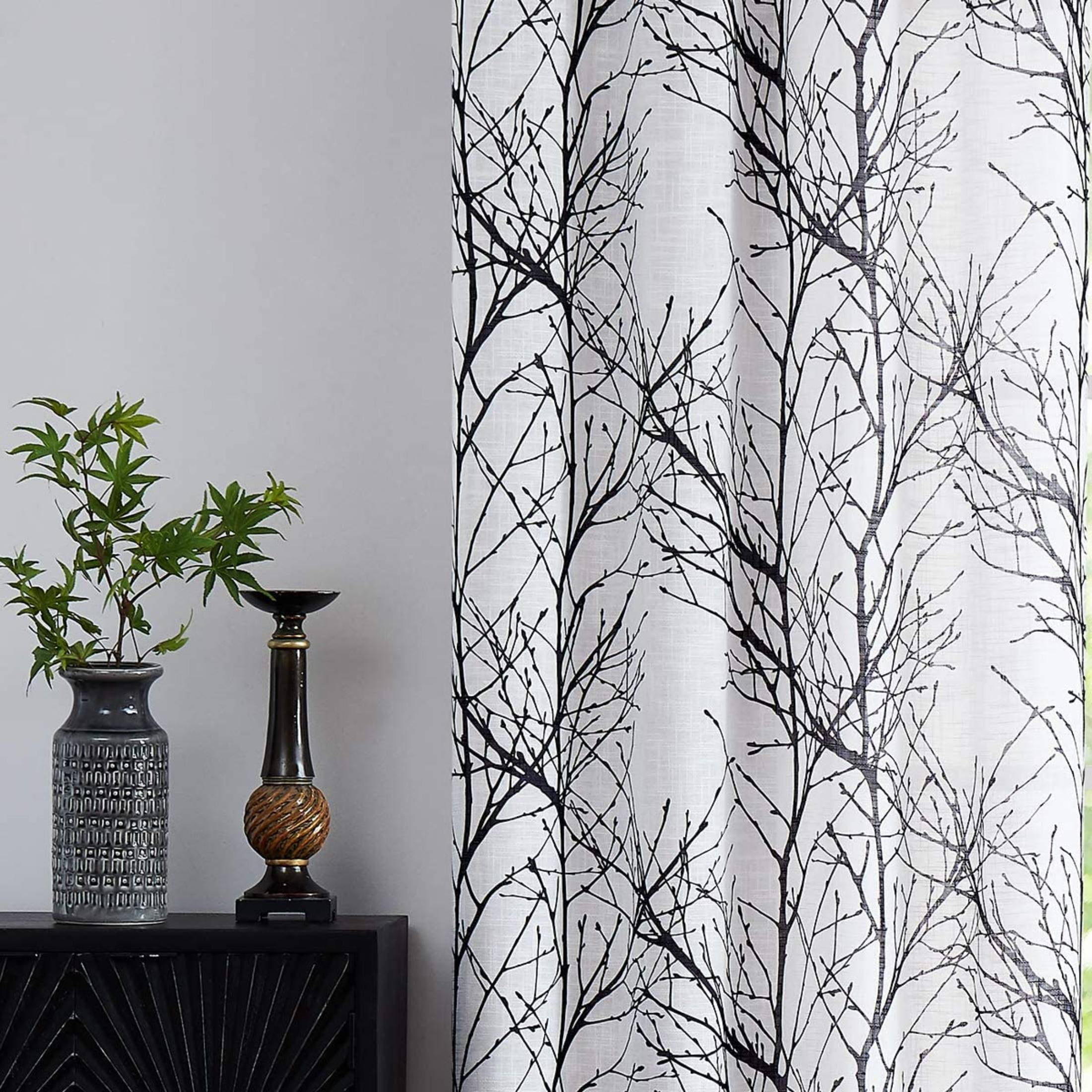Decoultimatex White Semi Sheer Curtains Black and Grey Branches Printing on Linen Textured White Window Treatment Panels for Living Room Bedroom Drapes, 50"x96"x2