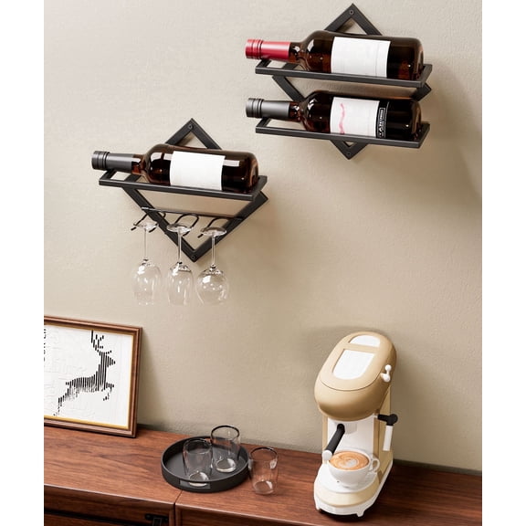 Enogets 2-Pack Wall Mount Wine Rack - Foldable Metal Hanging Wine Bottle Holder & Stemware Organizer Black