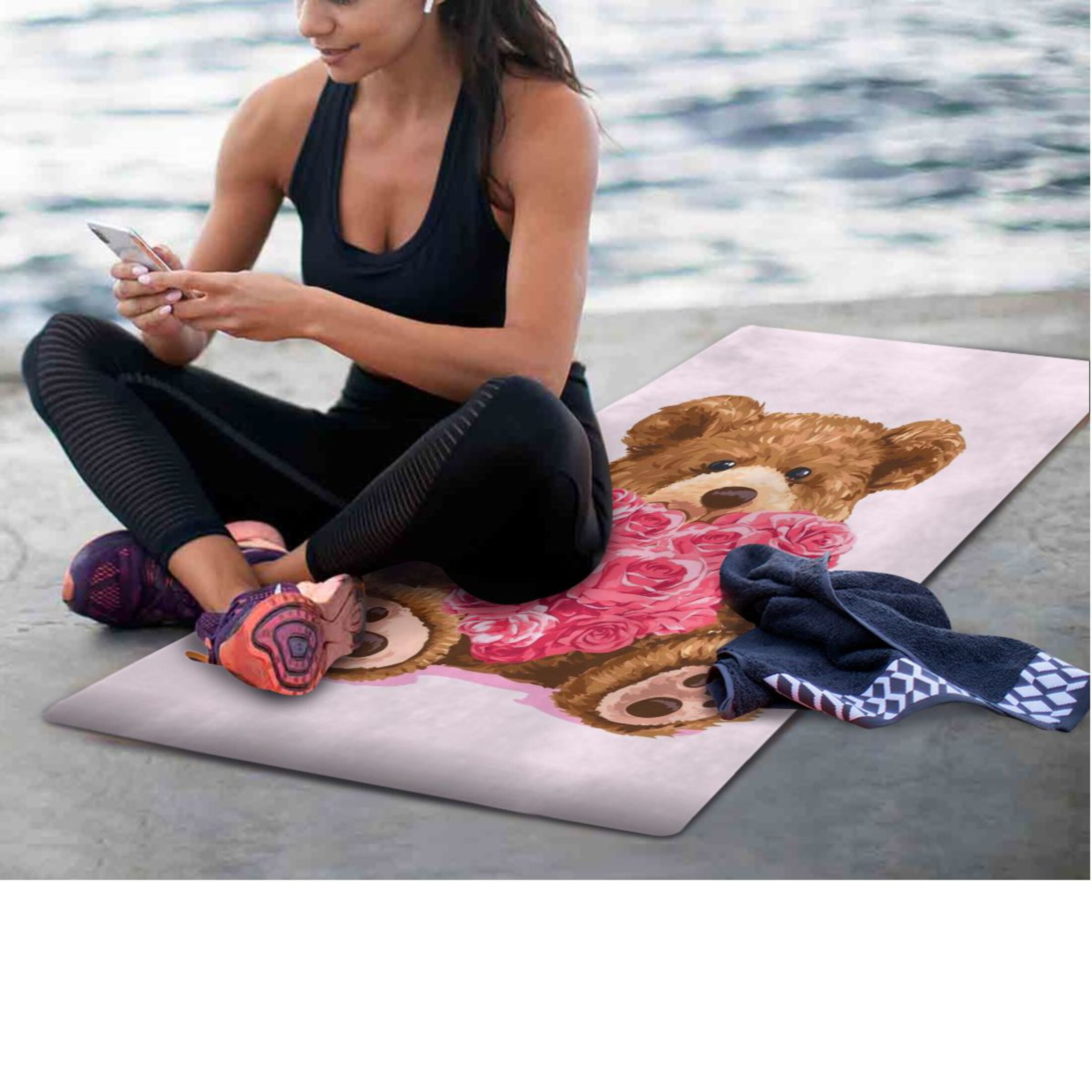 BZSMCE Yoga Mat Women Fitness Mat Cuddly Bear Rose Pattern