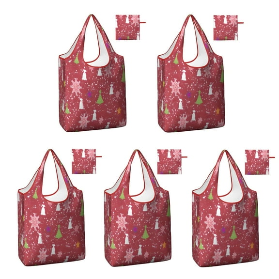 5 Pack Foldable Shopping Bag,Red Christmas Snowflake Tree and Star Pattern Reusable Grocery Bags with Pockets,Large Reusable Tote Bags with Handles Waterproof & Lightweight