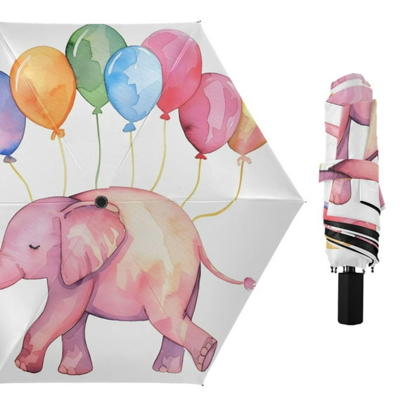 Cute Elephant with Colorful Ballons Watercolor All Weather Umbrella Triple Folding Parasol 6 Ribs UV Protection Portable