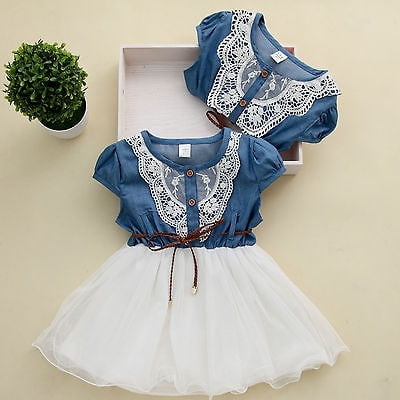 Robe de Fête en Dentelle Florale Tulle Tutu en Denim pour Filles Bébé Été Décontractée Robe d'Été