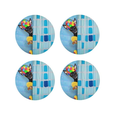 

Fuzoiu Prague Ratter Dog in Bathtub Print Leather Coasters Set Drink Coasters Set of 4 for Tabletop Protection Durable PVC Coasters Home Décor and Housewarming Gift-Round Shape
