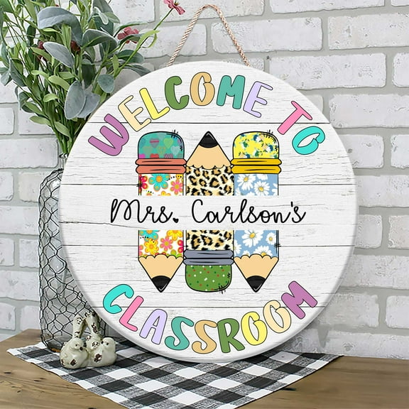 Flagwix Personalized Back To School Sign, Custom Round Wooden Teacher Name Sign, Classroom Decor, Unique Teacher Gifts, Cute Three Pencils Door Sign - 12 inches