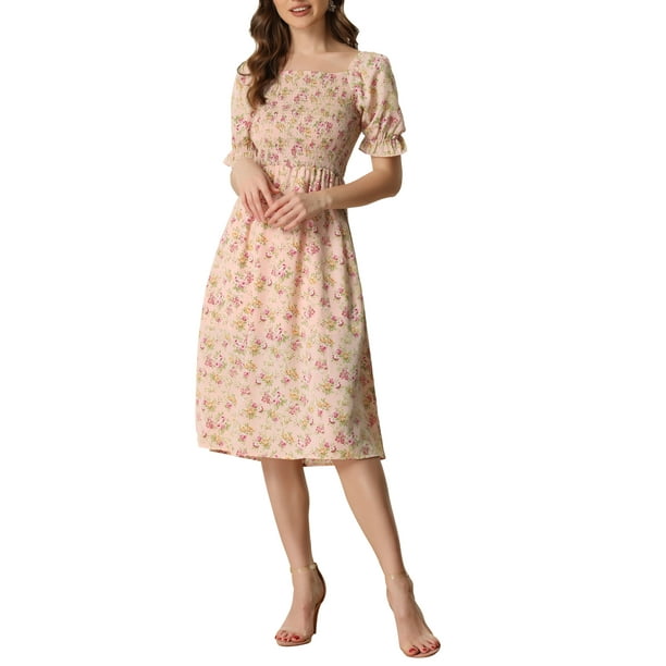 Vestido Midi Floral con Cuello Cuadrado y Mangas Cortas Abullonadas INSPIRE CHIC para Mujeres, Rosa, XS, Primavera Verano, Día de la Madre