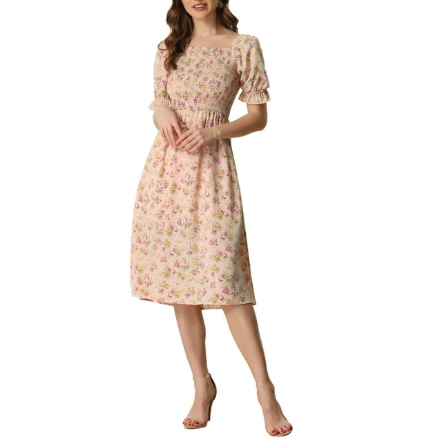 INSPIRE CHIC Robe pour Femme Smockée à Fleurs à Encolure Carrée Manches Courtes Bouffantes Printemps Été Robes Midi Rose P