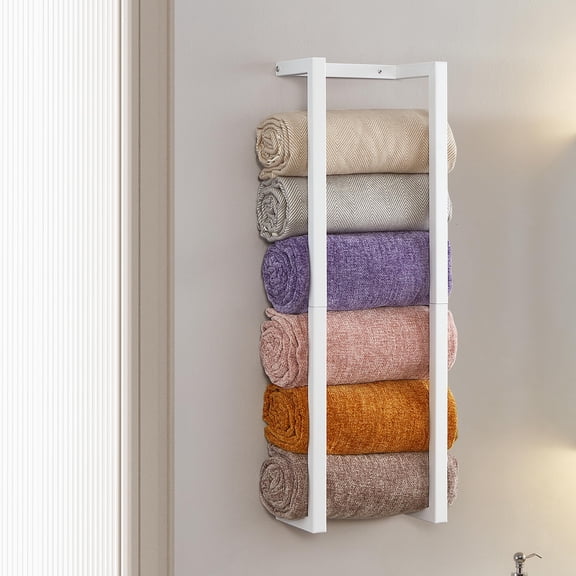 Towel Rack For Rolled Towels  Bathroom Wall Mounted Metal Organizer Bath Holder Modern Small Space Storage (white)