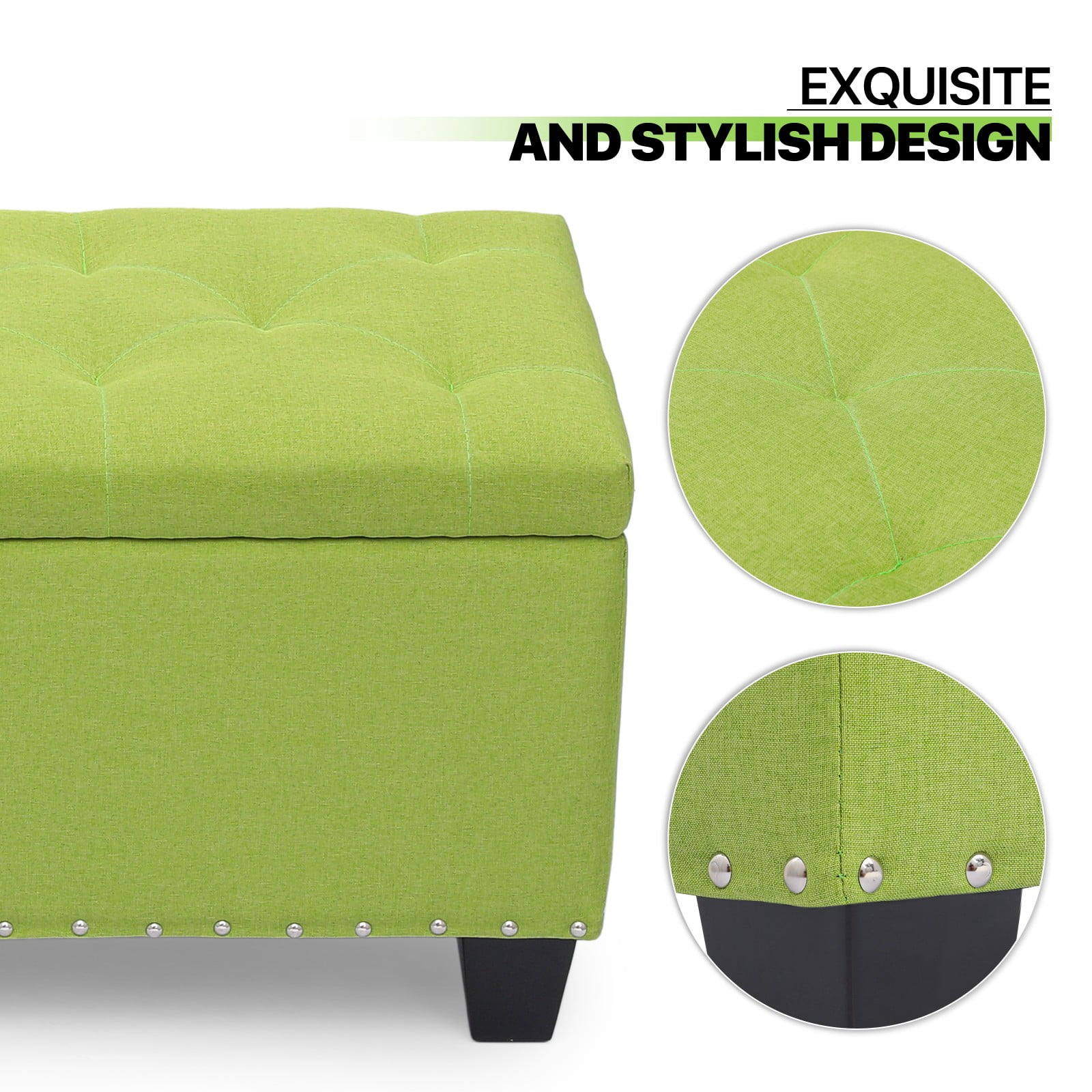 OSM 42 Inch Long Storage Ottoman Bench, Linen Foot Stool Upholstered Foam Padded Rectangular Fabric Tufted Bench Footrest for Living Room Bedroom Entryway with 660 Lbs Capacity, Green