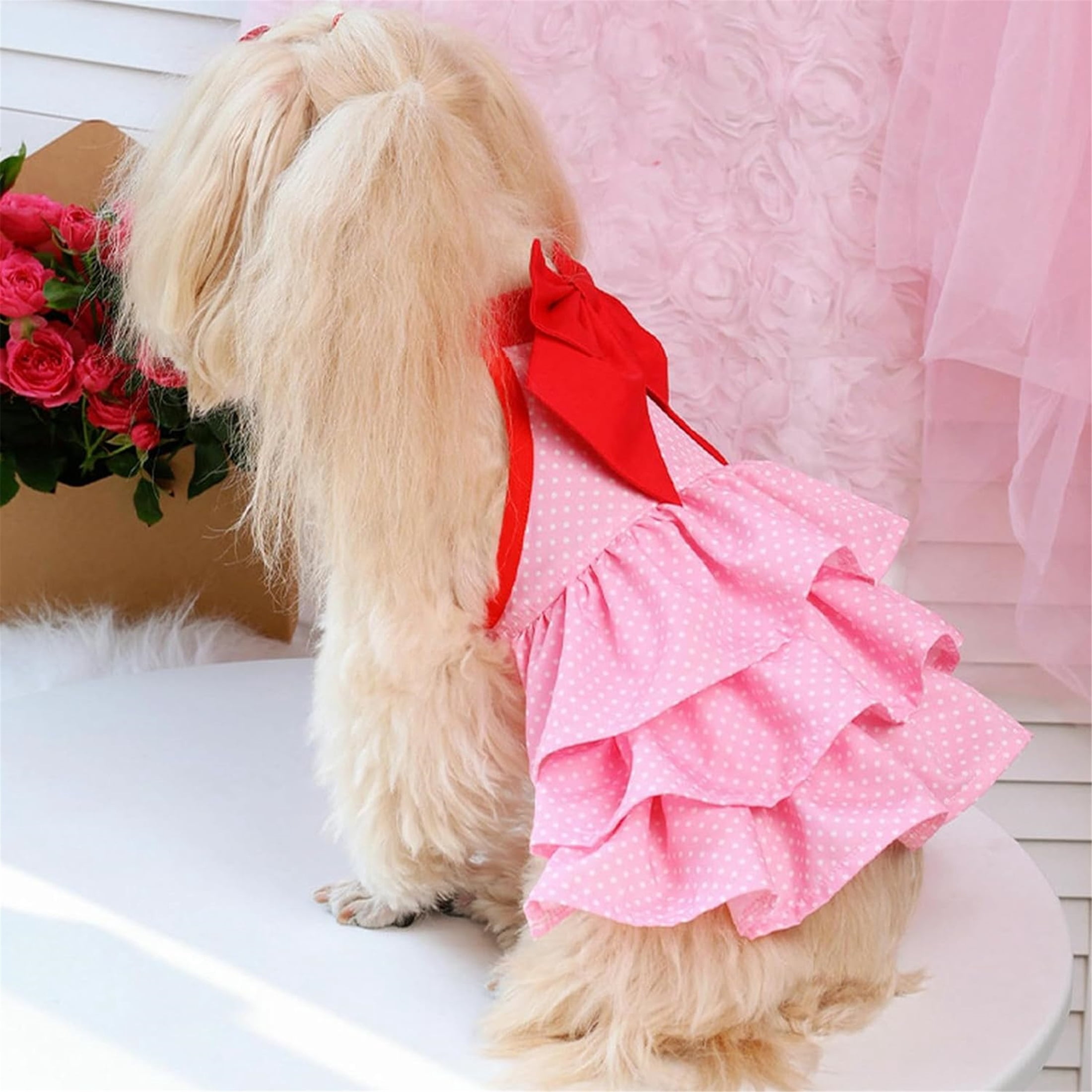 HQREA Pink Dog Dress for Small Dogs Summer Clothes Bow Knot Girl Puppy Princess Tutu Dress Cake Skirt Apparel for Valentines