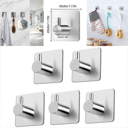 Adhesive Hooks, 5 Stainless Steel Wall Hangers Brushed Finish