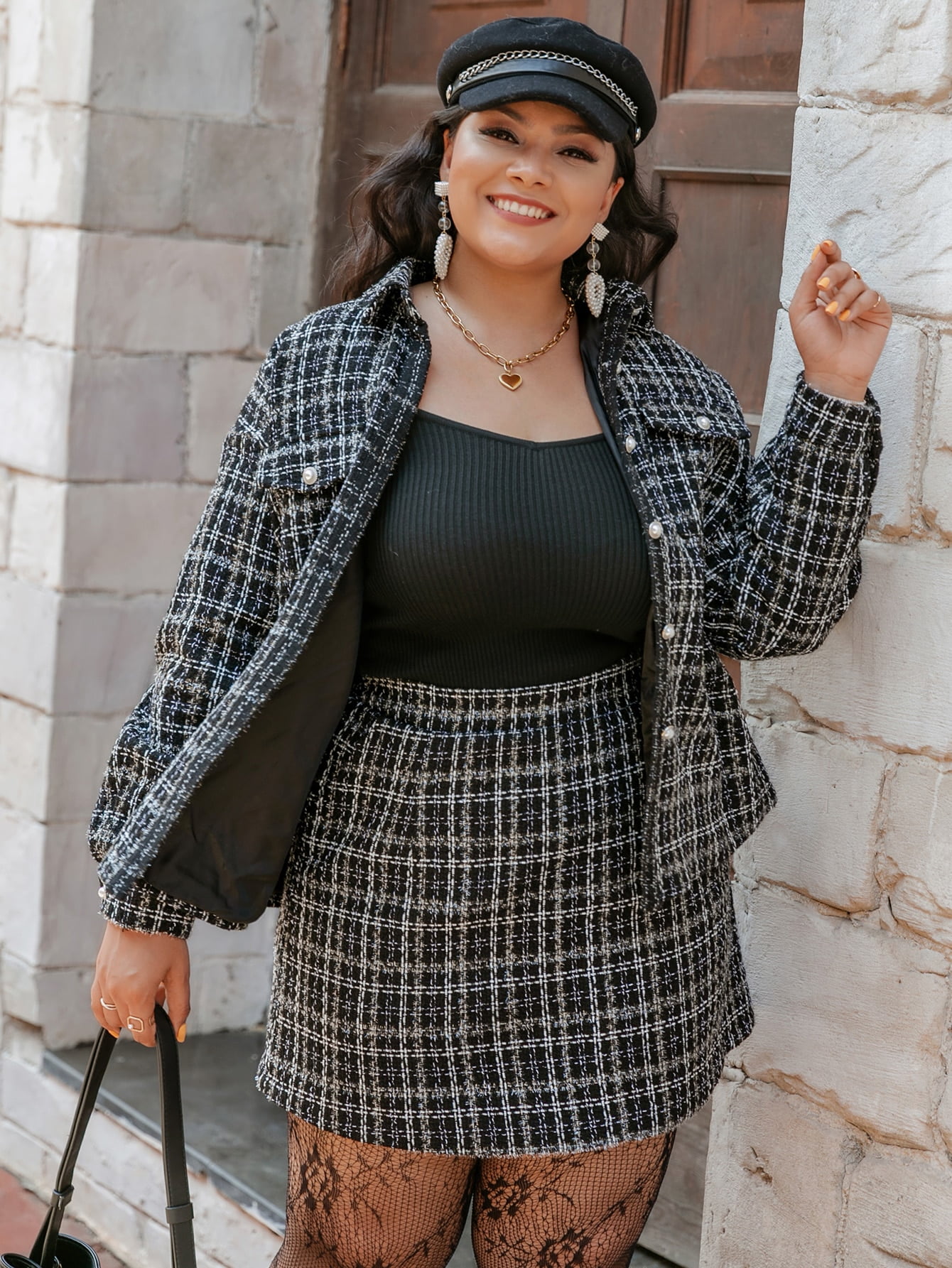 Blazer Plus Size Black Tweed Skirt Classic Plaid Tweed Skirt For