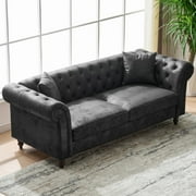 83 Luxury Chesterfield Leather Sofa, Mid Century Modern 3 Seater Couch w/Roll Armrest, Comfy Sleeper Cloud Couches SofaBed for Office, Apartment Living Room & Bedroom, Easy Assembly, Black
