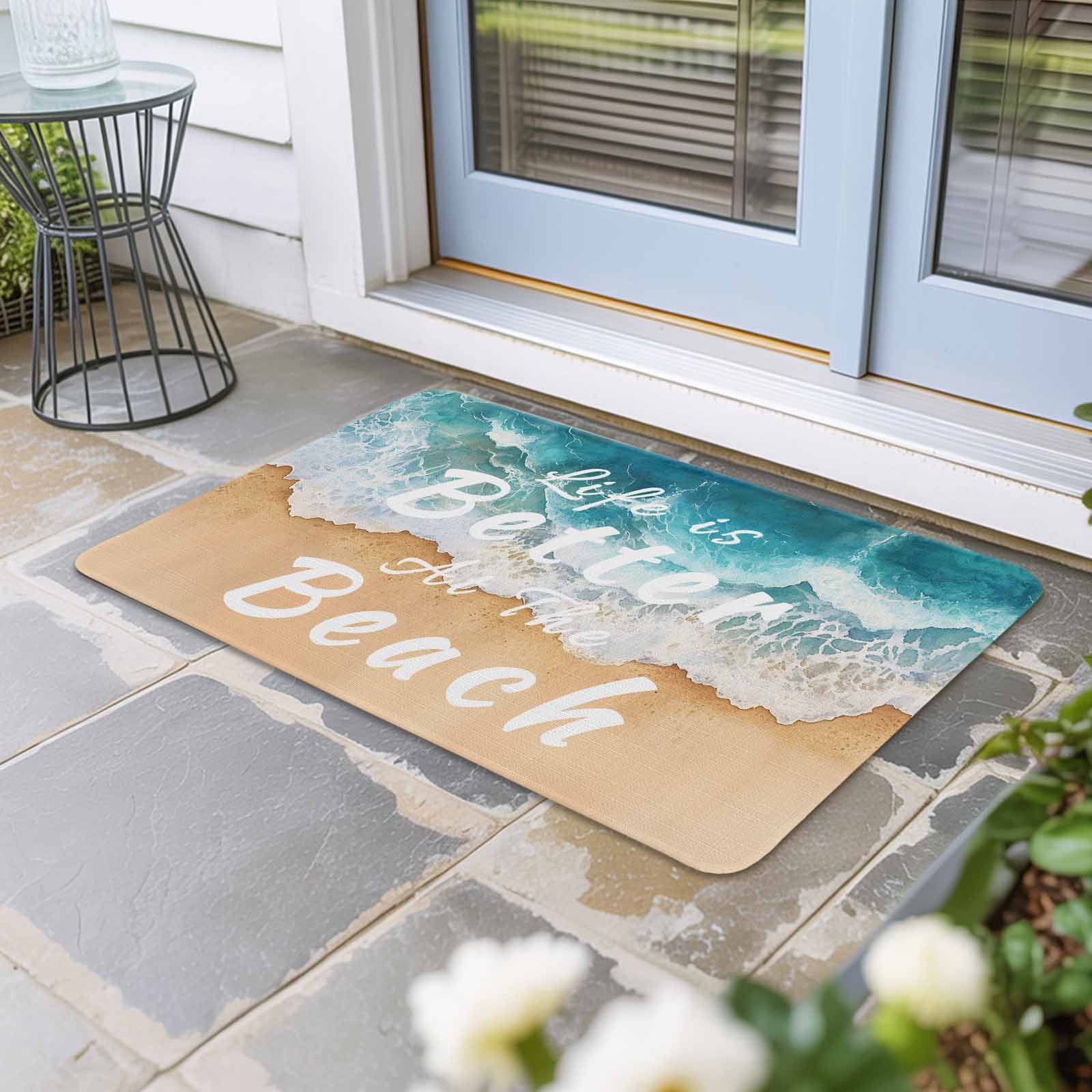 Summer Beach Blue Doormat Outdoor Entrance 16"x24", Life Is Better at The Beach Absorb Moisture Dirt Door Mats, Non-Slip Rubber Backing Floor Mats Indoor, Low-Profile Front Door Rugs