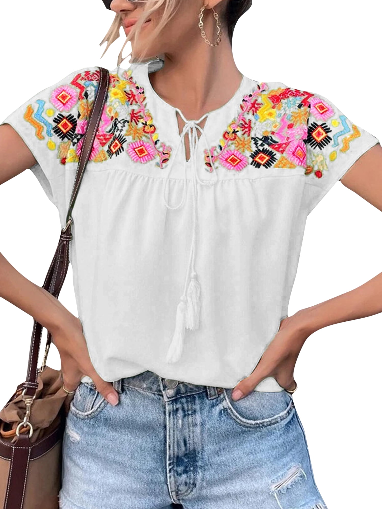 Avamo Mexican Embroidered Blouse for womens vinatge summer short sleeve ...