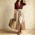 thumbnail image 3 of RFQWOVSR Women's Color Block V Neck Blouse Belted A Line Flowy Midi Skirt 2 Piece Set Boho Casual Summer Dress Outfit XL, 3 of 5