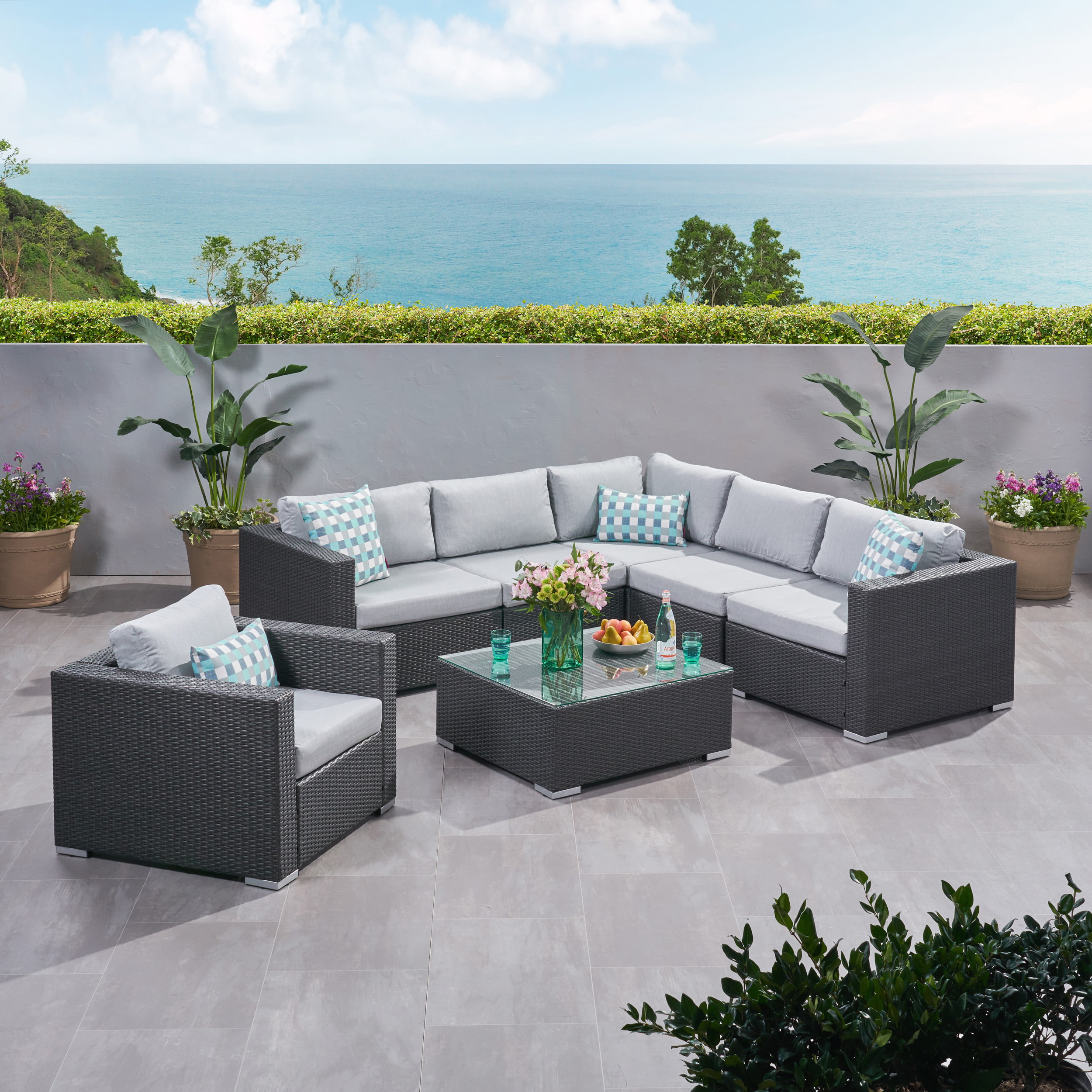 Faviola Outdoor 6 Seater Wicker Sectional Sofa Set With Sunbrella Cushions Gray And Canvas Granite Com - Outdoor Patio Sectionals With Sunbrella Cushions