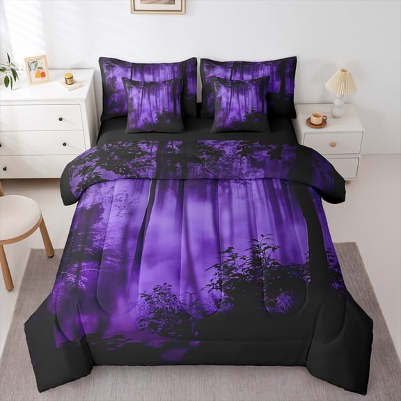 Feelyou Woodland Botanical Bedding Comforter Set 7-Piece for Adult, Purple Tree Plant King Bedding Sets, Rustic Farmhouse Reversible Bed Sheets, Luxury Bedroom Decor