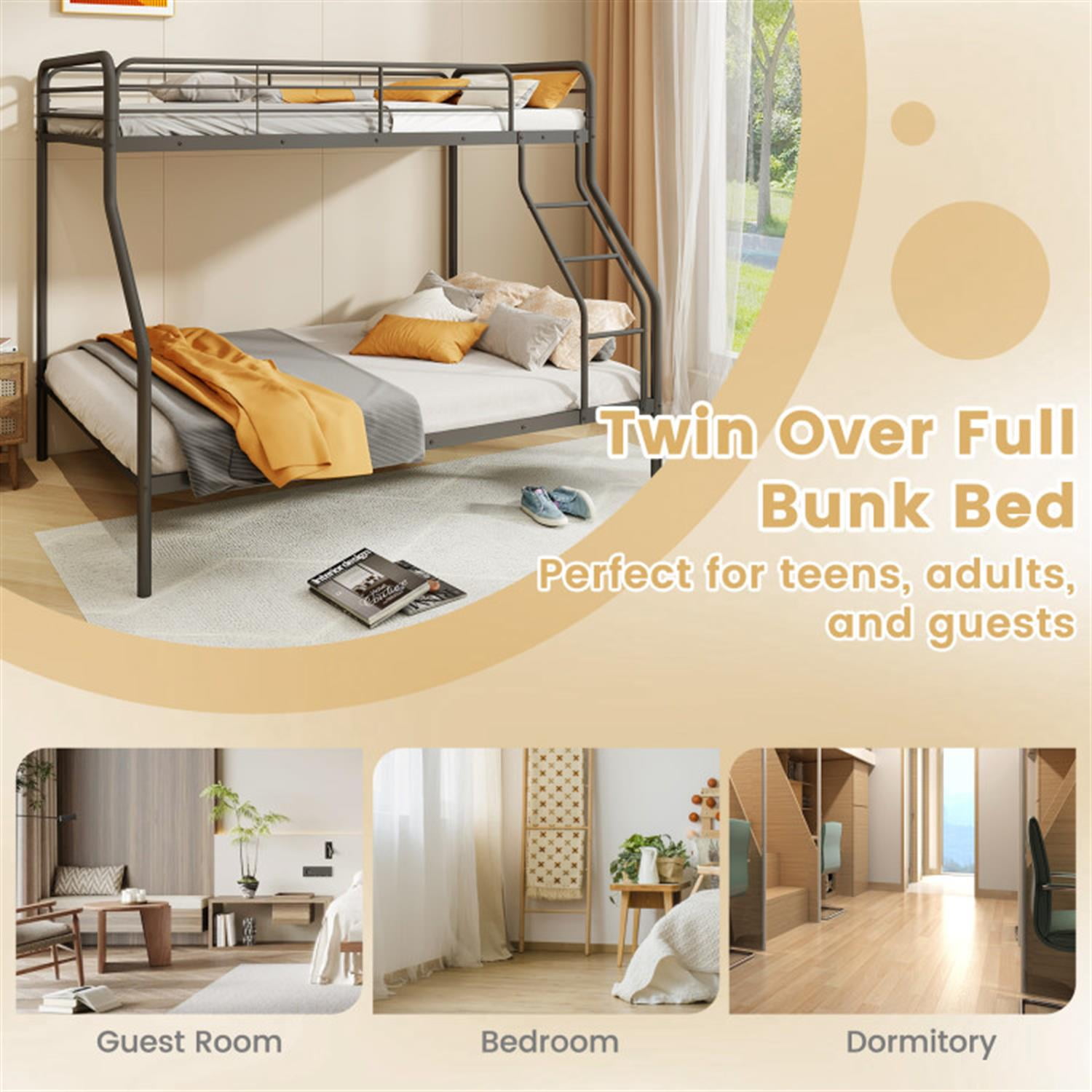 Demi Bonn Twin Over Full Bunk Bed with Ladder and Full-length Guardrails, Metal Bunkbeds for Bedroom, No Box Spring Needed, Black