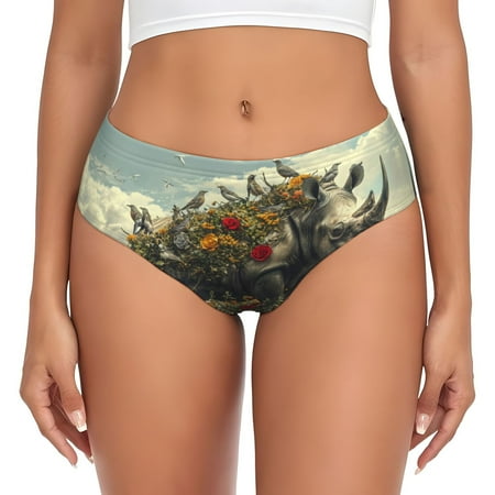 Womens Underwear - Floral Rhino With Birds No Show Seamless Underwear for Women  Stretch Women s Panties  Hipster Soft Comfort Ladies Panties Bikini Underwear Briefs