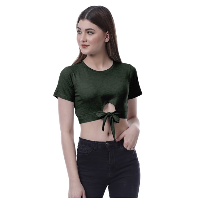 Moomaya Haut Court Noué devant pour Femmes Manches Courtes Col Rond Tee-Shirt Noué