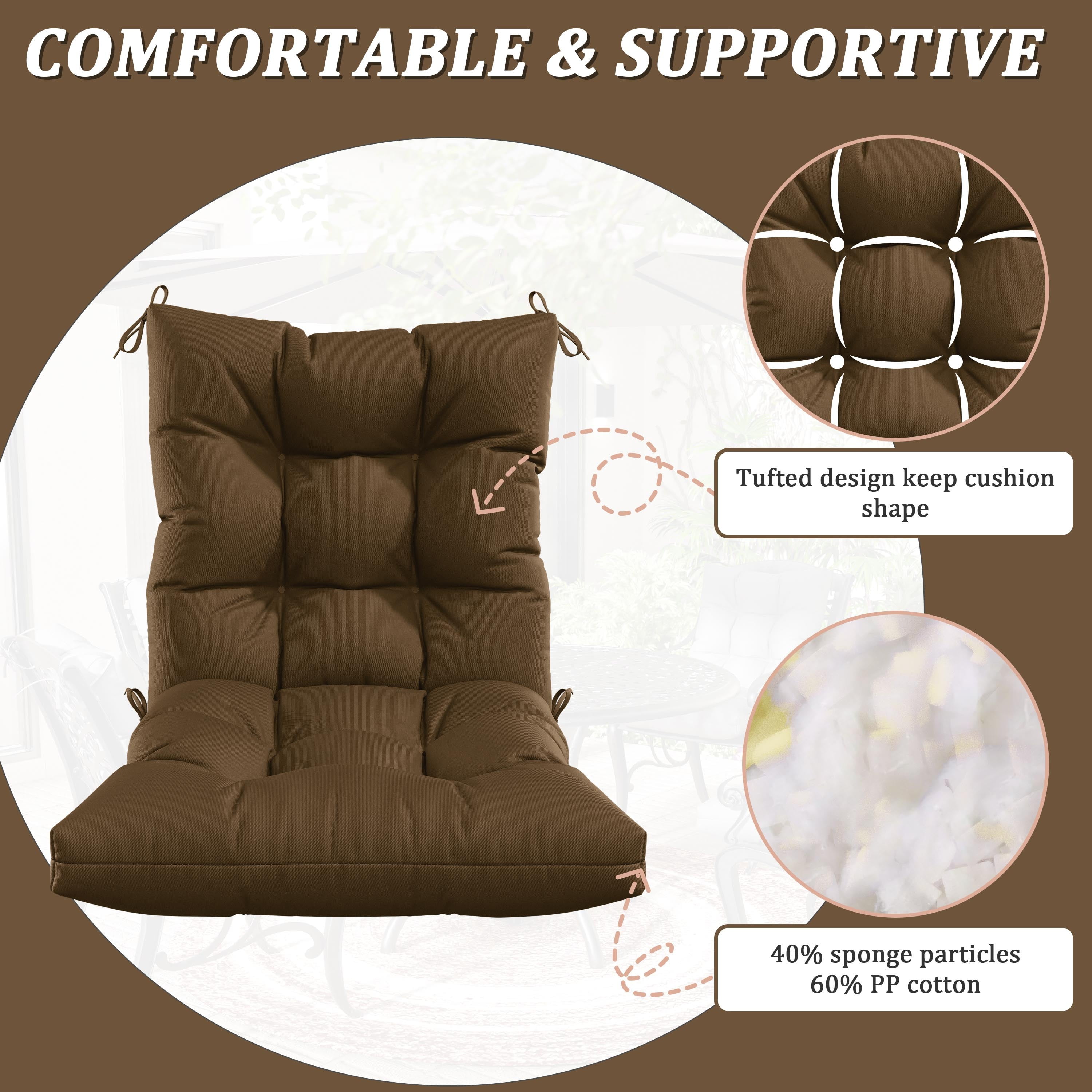 Snubbull Swing Cushions Set of 2, 42" × 21" × 5" Waterproof Rocking Chair Cushions with Ties for Outdoor Indoor Single Seat Cushions, Chocolate